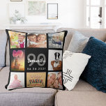 90. Geburtstag Foto Collage Frau schwarz Kissen<br><div class="desc">Ein einzigartiges Geschenk für eine Frau 90. Geburtstag,  feiert ihr Leben mit einer Collage von 8 Ihrer eigenen Fotos,  Bilder. Personalisieren und fügen Sie ihren Namen,  Alter 90 und ein Datum. Ein schicker schwarzer Hintergrund. Graue und weiße Buchstaben und Zahlen. Der Name ist mit einem modernen handgeschriebenen Stilskript geschrieben.</div>