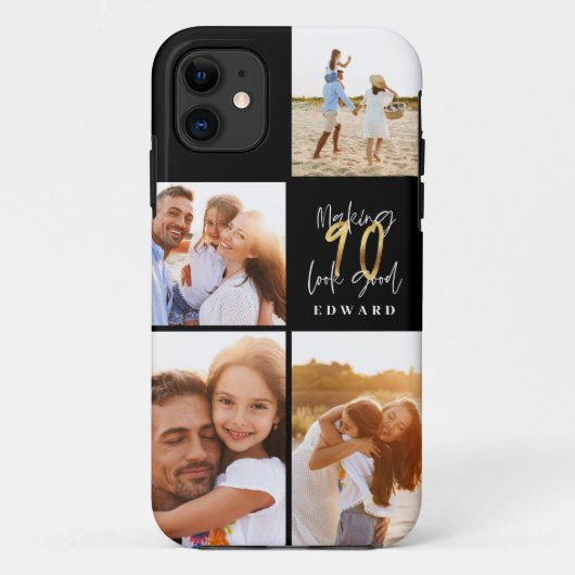 90. Geburtstag Foto Collage schwarze Goldtypografi Case-Mate iPhone Hülle (Rückseite)