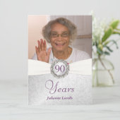 90. Geburtstag Foto Einladungen - Silver & Lila (Stehend Vorderseite)