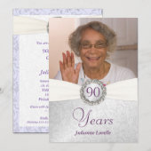 90. Geburtstag Foto Einladungen - Silver & Lila (Vorne/Hinten)