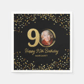 90. Geburtstag Foto Eleganter Black Gold Glitzer Serviette (Vorderseite)