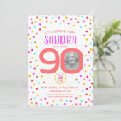 90. Geburtstag Foto Lebende Korallenkonfetti Einladung (Stehend Vorderseite)