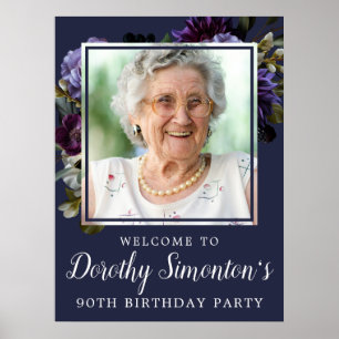 90. Geburtstag Foto Moody Lila Floral Willkommen Poster