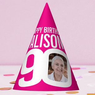 90. Geburtstag Foto personalisiert weiß heiß rosa Partyhütchen
