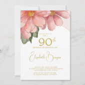 90. Geburtstag Foto Rosa Elegant Blumengeburt Einladung (Vorderseite)