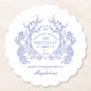 90. Geburtstag French Blue Floral Crest Custom Untersetzer