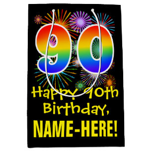 90. Geburtstag: Fun Fireworks Muster + Regenbogen Mittlere Geschenktüte
