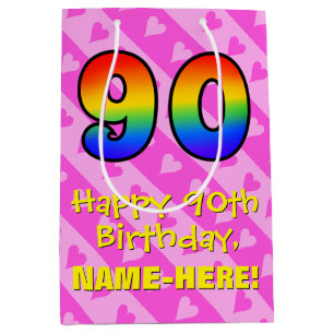 90. Geburtstag: Fun Pink Hearts Streifen; Regenbog Mittlere Geschenktüte