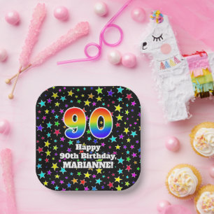 90. Geburtstag: Fun Stars Muster und Regenbogen "9 Pappteller