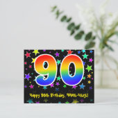 90. Geburtstag: Fun Stars Pattern, Regenbogen 90,  Postkarte (Stehend Vorderseite)