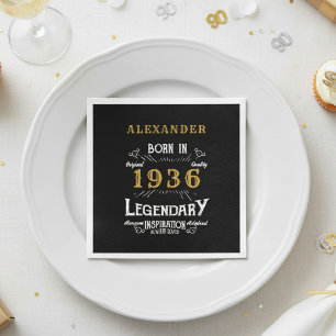 90. Geburtstag Geboren 1936 Schwarz Gold Retro Vin Serviette
