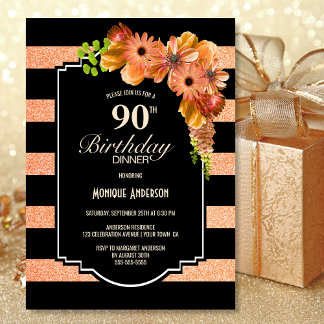 90. Geburtstag gestreiftes Coral Floral Abendessen Einladung