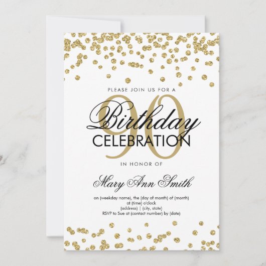 90. Geburtstag Glitzer Confetti Einladung (Vorderseite)