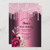 90. Geburtstag Glitzer Tropfen Bordeaux Blumengest Einladung (Vorne/Hinten)