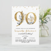 90. Geburtstag Gold Floral Einladung (Stehend Vorderseite)