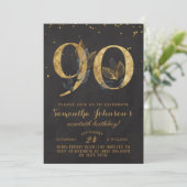 90. Geburtstag Gold Floral Einladung (Stehend Vorderseite)