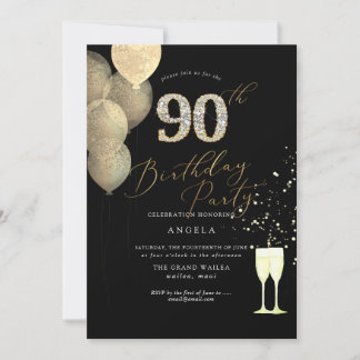 90. Geburtstag Gold Glitzer Balloons Diamant Einladung