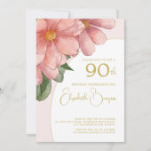 90. Geburtstag Gold Rosa Elegant Blumengeburt Einladung (Vorderseite)