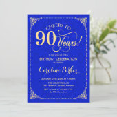 90. Geburtstag - Gold Royal Blue Damask Einladung (Stehend Vorderseite)