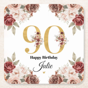 90. Geburtstag Gold- und Burgunderrot Florale Pers Rechteckiger Pappuntersetzer