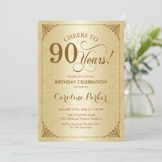 90. Geburtstag - Goldener Damast Einladung (Stehend Vorderseite)