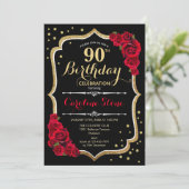 90. Geburtstag - Goldschwarze Rote Rosen Einladung (Stehend Vorderseite)