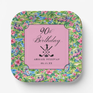90. Geburtstag Golf Rosa Grün Preppy Druck Pappteller