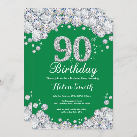 90. Geburtstag Grün und Silberdiamant Einladung (Vorne/Hinten)