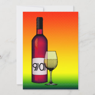 90. Geburtstag : halftone Weinflasche & Glas Einladung