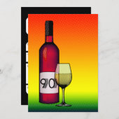 90. Geburtstag : halftone Weinflasche & Glas Einladung (Vorne/Hinten)