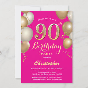 90. Geburtstag Hot Pink und Gold Balloons Confetti Einladung