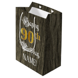 90. Geburtstag: Imitate Gold Look & Imitate Holzmu Mittlere Geschenktüte