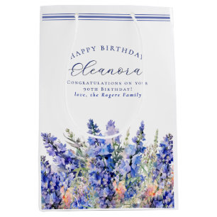 90. Geburtstag Juli Geburtsmonat Blume Blau Mittlere Geschenktüte