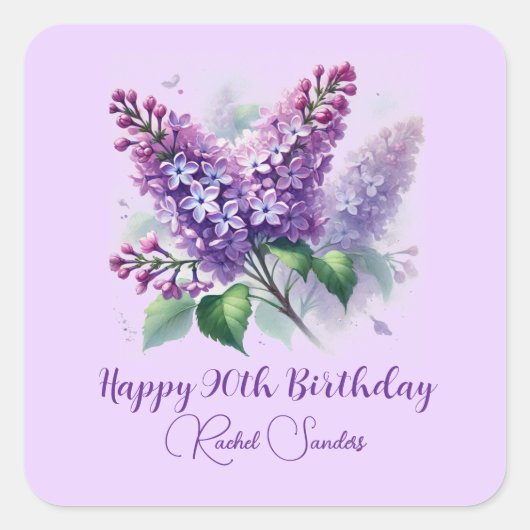 90. Geburtstag Lila Lilac Blume Frühjahr Quadratischer Aufkleber (Vorderseite)