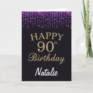 90. Geburtstag lila schwarz und gold Glitter Karte
