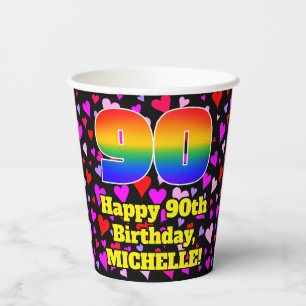 90. Geburtstag: Loving Hearts Pattern, Rainbow 90 Pappbecher