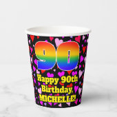 90. Geburtstag: Loving Hearts Pattern, Rainbow 90 Pappbecher (Vorderseite)