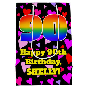 90. Geburtstag: Loving Hearts Pattern, Regenbogen  Mittlere Geschenktüte