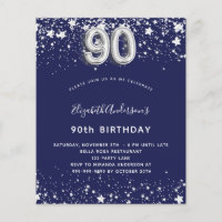 90. Geburtstag Marine blau Silber Einladung Budget