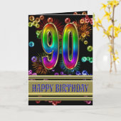 90. Geburtstag mit Regenbogenblasen und Feuerwerk Karte (Gelbe Blume)