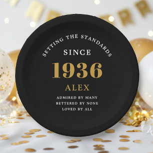 90. Geburtstag Name 1936 Schwarz Gold Elegant Chic Pappteller