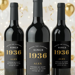 90. Geburtstag Name 1936 Schwarz Gold Elegant Chic Weinetikett