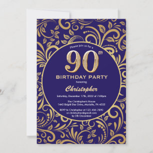 90. Geburtstag Navy Blue and Gold Floral Muster Einladung