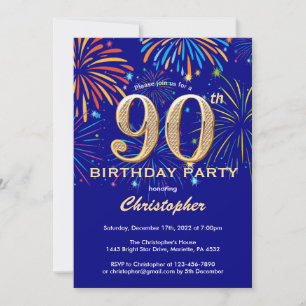 90. Geburtstag Navy Blue and Gold Rainbow Firework Einladung