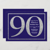 90. Geburtstag Navy Blue and Silver Glitzer Einladung (Vorne/Hinten)