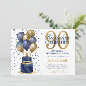 90. Geburtstag Navy Blue Balloon Cake Einladung (Stehend Vorderseite)