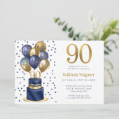 90. Geburtstag Navy Blue Balloon Cake Einladung (Stehend Vorderseite)