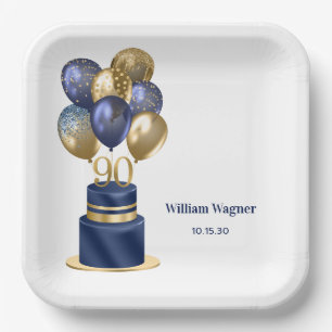 90. Geburtstag Navy Blue Balloon Cake Pappteller
