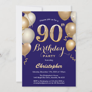90. Geburtstag Navy Blue und Gold Balloons Confett Einladung