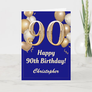 90. Geburtstag Navy Blue und Gold Balloons Confett Karte